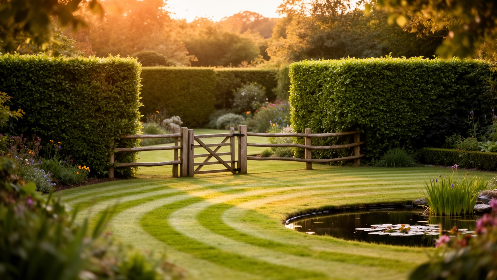 Beautifully landscaped English garden at golden hour